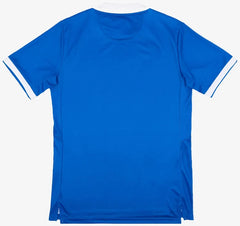 Blue t-shirt with white trim on a white background