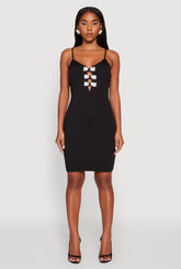 Sleeveless Crepe Knit Mini Dress with Rhinestone Bows