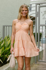 Elaina Peach Gingham Flare Mini Dress