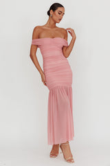 La Salle Off Shoulder Mesh Maxi Dress Pink