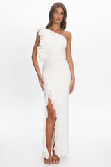 Deanna One-Shoulder Split Ruffle Maxi Dress Off White