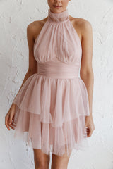 Andria Halterneck Tulle Mini Dress Blush