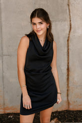Daniela Navy Satin High Neckline Mini Dress