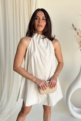 Celeste Natural Linen & Pearls Mini Dress