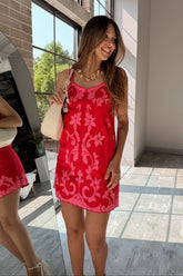 Selena Red & Pink Floral Scallop Mini Dress