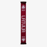 Maroon scarf with 'Latvija' branding on a white background