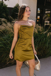 Alexia Olive Satin Strapless Mini Dress