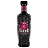 Bottle of Tarsier Pink Gin with intricate design and pink label on a white background