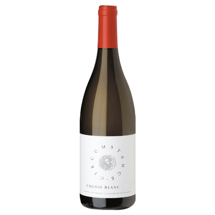 Bottle of Waterkloof, Circumstance Chenin Blanc wine with a red label and white text.
