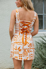 Dahlia Rust & Cream Tropical Geometric Mini Dress