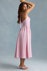 Button-Detail Halterneck Midaxi Dress in Soft Pink