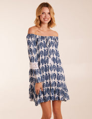 Leaf Print Elasticated Bardot Neck Tunic Dress