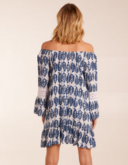 Leaf Print Elasticated Bardot Neck Tunic Dress