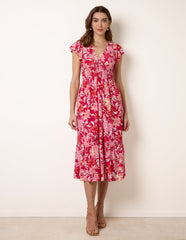 Tropical Print Flutter Sleeve Midi Dress