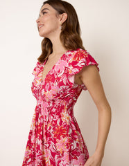 Tropical Print Flutter Sleeve Midi Dress