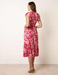 Tropical Print Flutter Sleeve Midi Dress