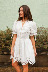 Belinda White Zip-Up Eyelet Mini Dress