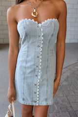 Lena Light Denim & White Lace Floral Mini Dress