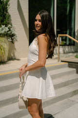 Adley White & Beige Floral Flare Mini Dress