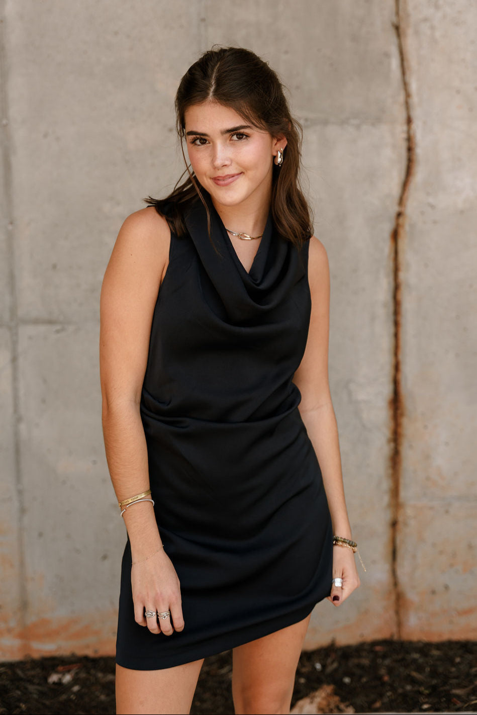 Daniela Navy Satin High Neckline Mini Dress