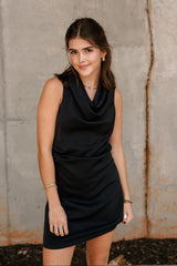 Daniela Navy Satin High Neckline Mini Dress