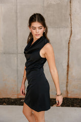 Daniela Navy Satin High Neckline Mini Dress