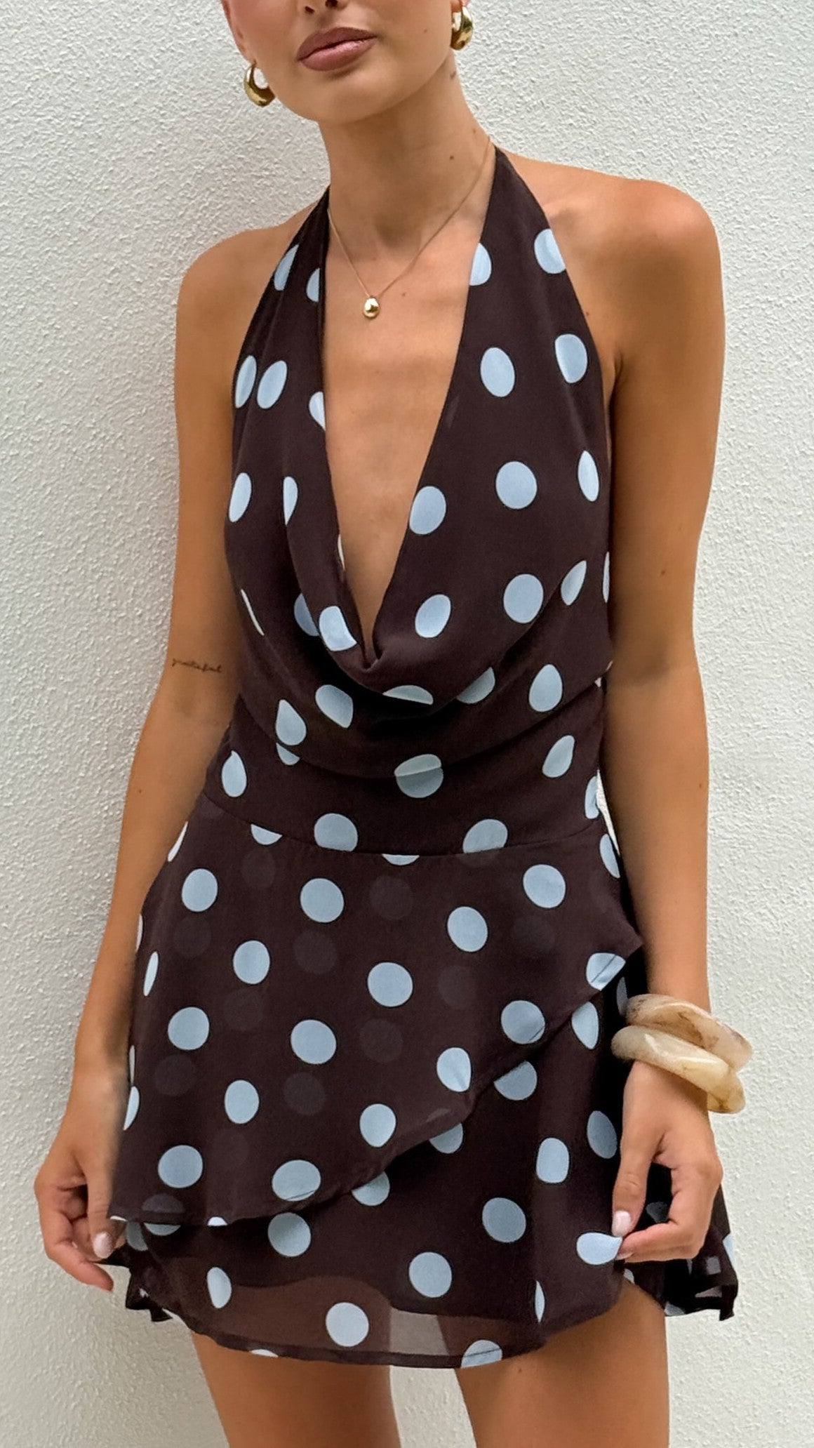 Imali Mini Dress - Choc/Blue Polka