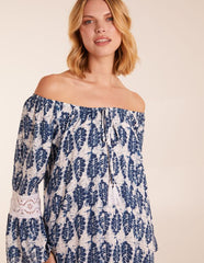 Leaf Print Elasticated Bardot Neck Tunic Dress