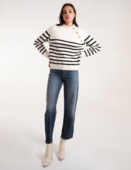 Horizontal Stripes Shoulder Button Detailed Jumper