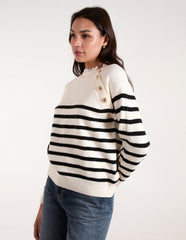 Horizontal Stripes Shoulder Button Detailed Jumper