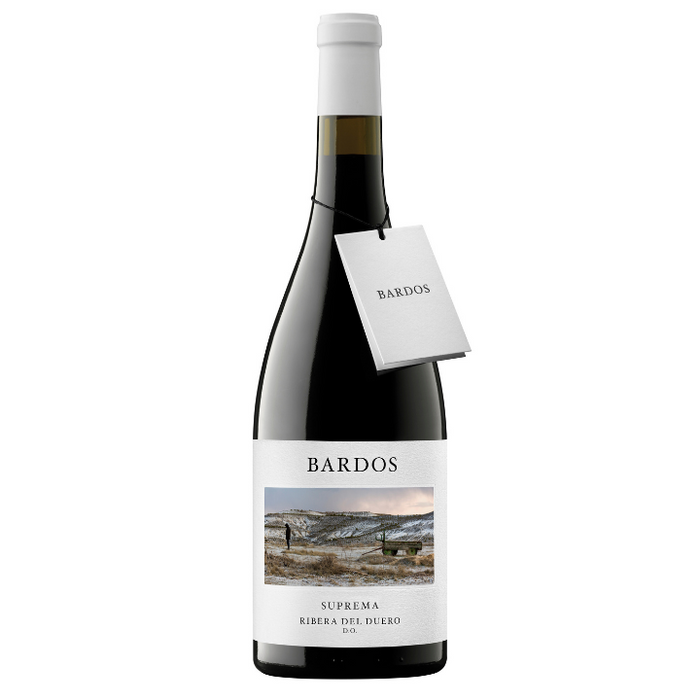 A bottle of Bardos Ribera del Duero Suprema 2020 red wine with a label depicting a vineyard scene.