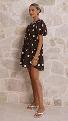 Alina Mini Dress - Chocolate/White Polka