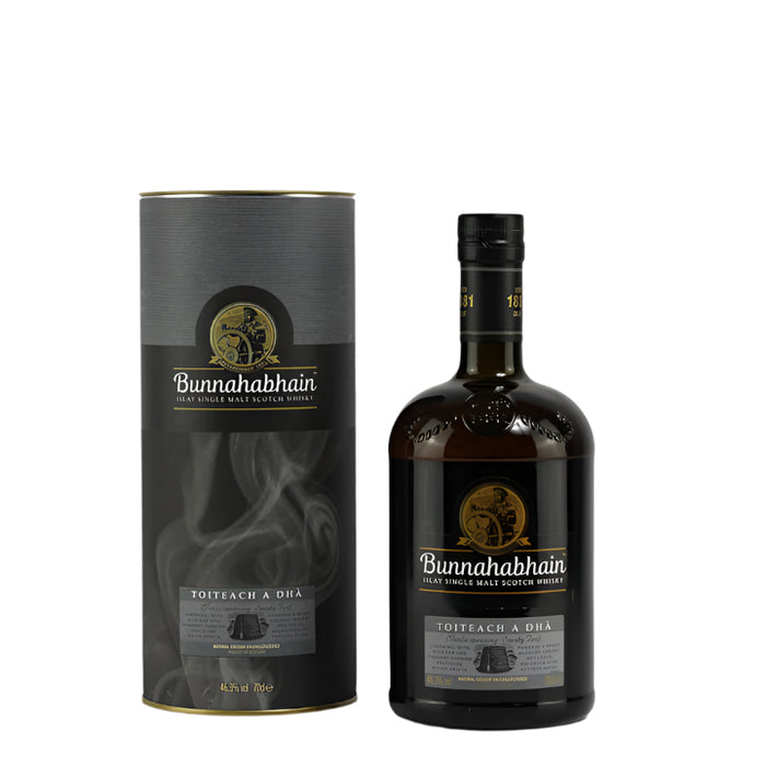 Bottle and packaging of Bunnahabhain whisky on a white background