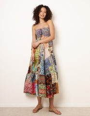 Shirred Patchwork Art Bandeau Dress