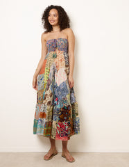 Shirred Patchwork Art Bandeau Dress