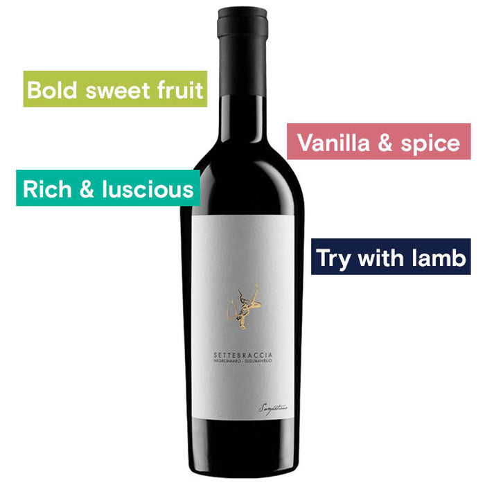 Reserve Wines Cantine Sampietrana, Settebraccia 2018. Notes. Bold sweet fruit, vanilla & spice rich & luscious, Try with Lamb