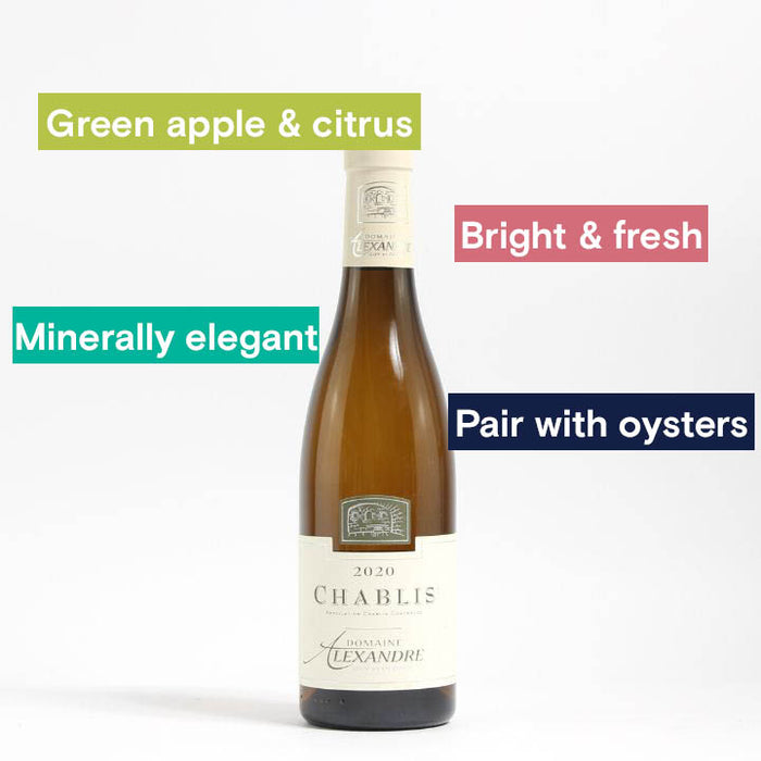 Reserve Wines. Domaine Alexandre Chablis 2020 (37.5cl) Notes. Green apple & citrus, Bright & Fresh, Minerally elegant, pair with oysters