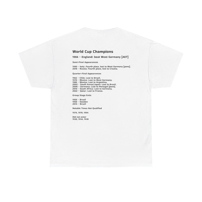 England Football World Cup Tee — 3 Lions Soccer Shirt