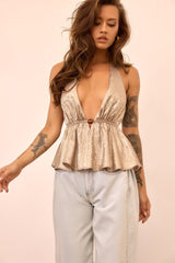 Gilded Whisper Foiled Chiffon Top - Taupe