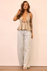 Gilded Whisper Foiled Chiffon Top - Taupe