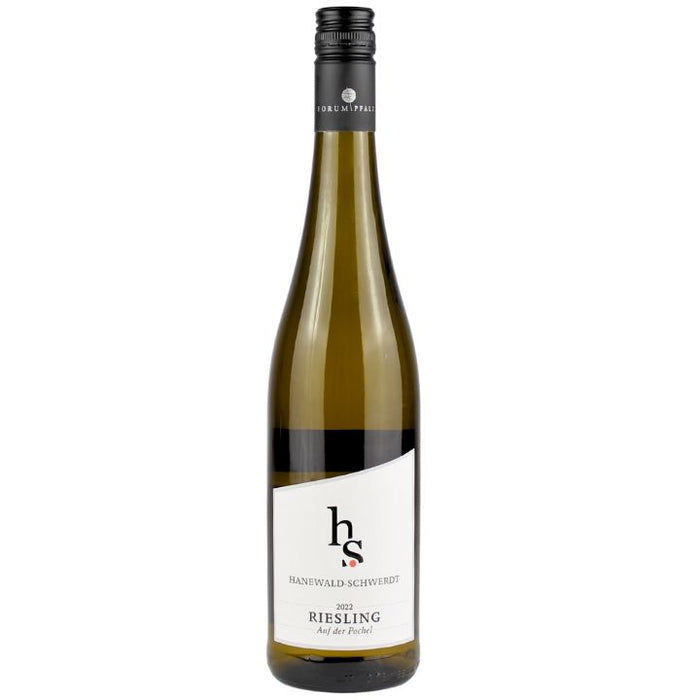 A bottle of Hanewald-Schwerdt Riesling 'Auf Der Pochel' Trocken 2023 white wine with a minimalist label design.