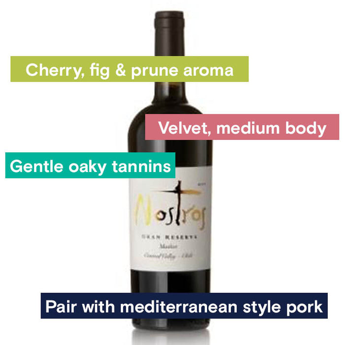 Cherry, fig & prune aroma, velvet medium body, gentle oaky tannins, pair with mediterranean style pork.