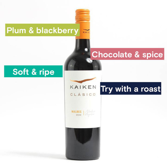 Kaiken Malbec Clasico 2020 Notes: Plum & Blackberry, Chocolate & Spice, soft & ripe, try with a roast.