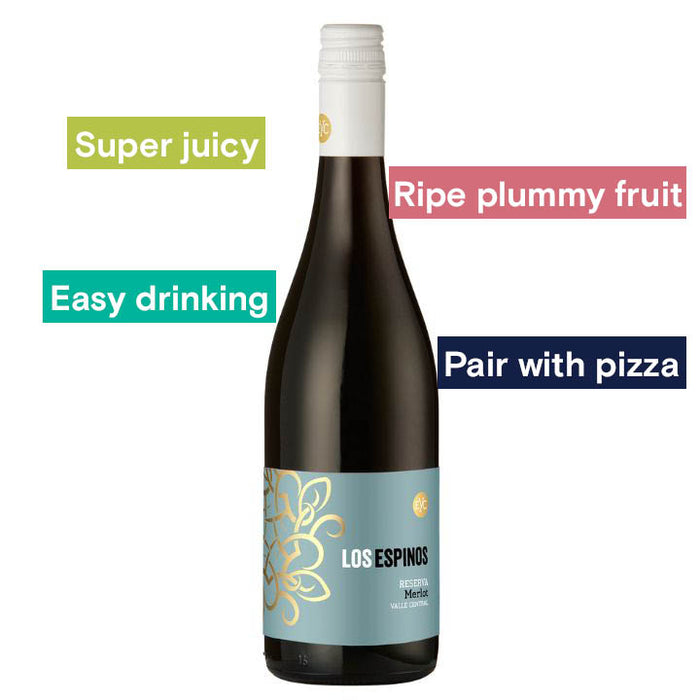 Los Espinos Merlot Reserva 2021. Notes: Super juicy, ripe plummy fruit, easy drinking, pair with pizza
