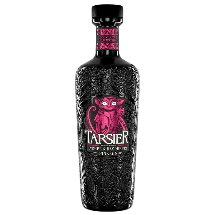 Bottle of Tarsier Pink Gin with intricate design and pink label on a white background